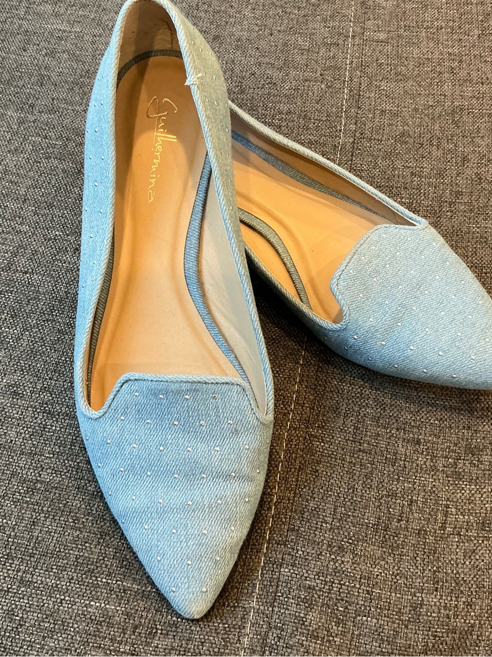 Anthropologie Guilhermina Light Blue Pointed-Toe Dotted Flats preppy classy 9M